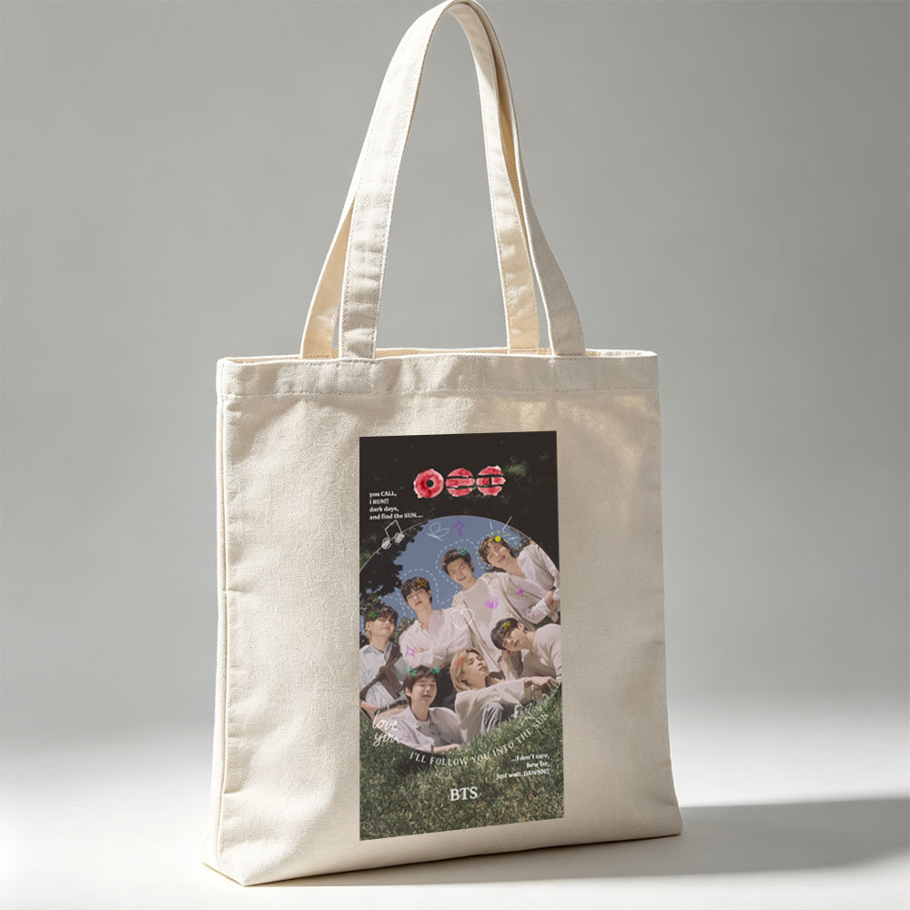 BTS Group Photo on Grass with Dreamy Sky Background and Inspirational Quotes - Canvas tote bags