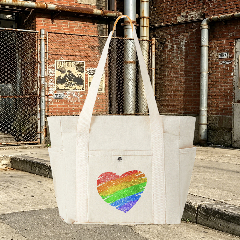 Multi Pocket Bag Cream White Rainbow Heart Glitter Print Design Multi Pocket Bag Cream White for Everyday Use, Travel, and Outdoor Activities Suitable for Adults and Teens Who Love Fashion and Pride Expressions