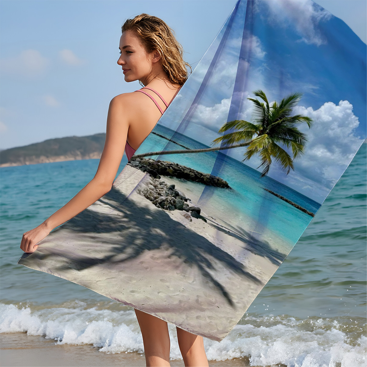 Tropical beach with palm tree leaning over turquoise water and white sand under blue sky. - Beach towels