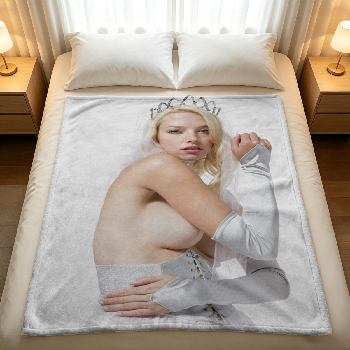 Blonde in black lingerie relaxing in luxury bathtub with ocean view - Blanket