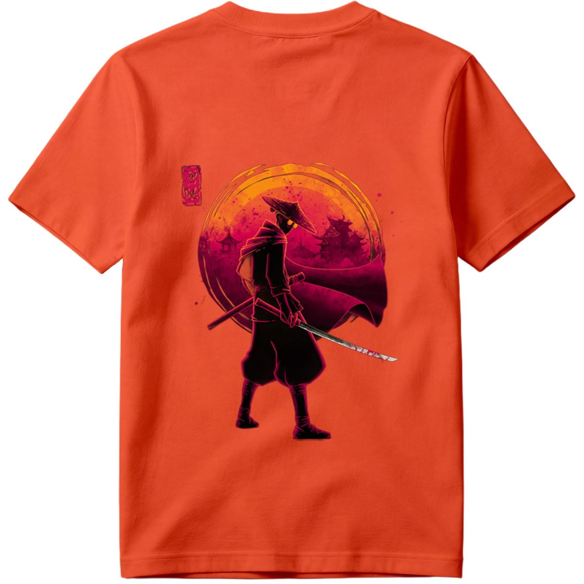 Samurai Warrior with Bloodied Sword Against Crimson Moon - Tee