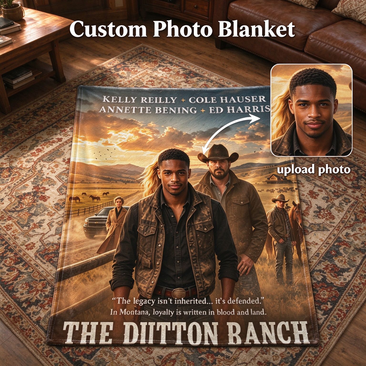 Custom Photo Face Blanket Personalized Western Ranch Movie Poster Ultra Soft Flannel Throw Lightweight Cozy Gift Bed