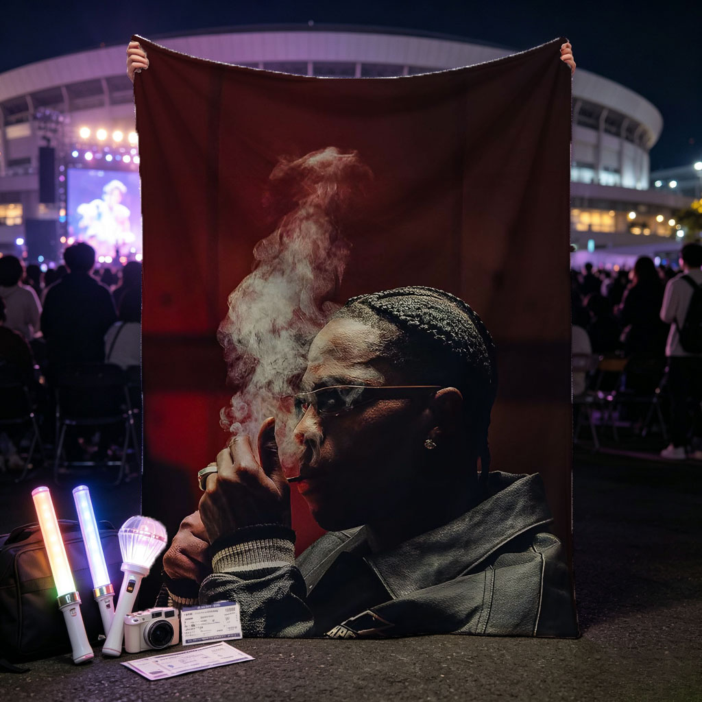 Lil Durk Smoking Cigar in Dark Leather Jacket with Smoke Rising - Blankets
