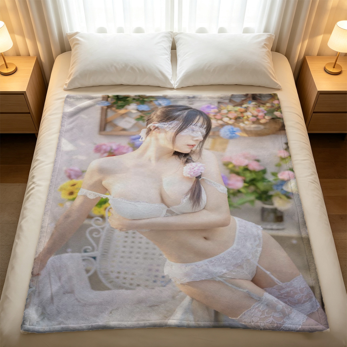 Nude Asian beauty in open white shirt and lace panties leaning against wall - Blanket