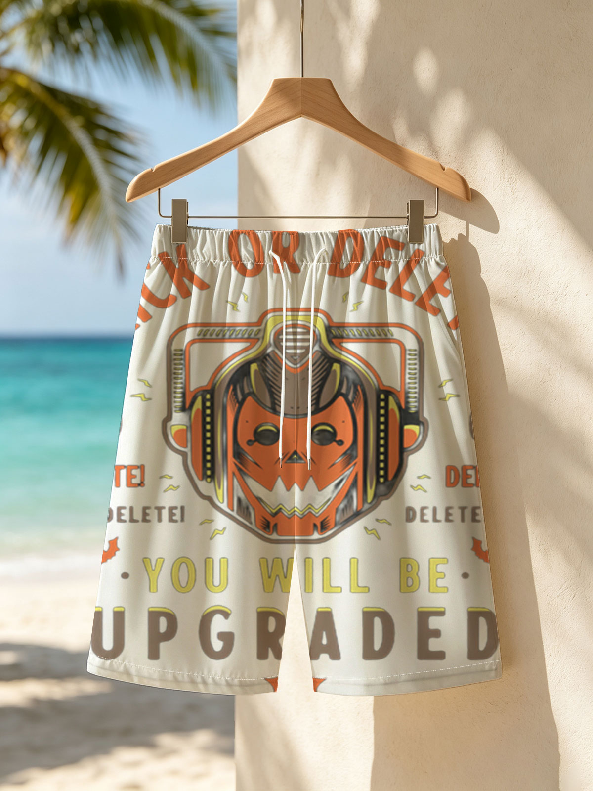 Trick or Delete: Halloween Cyberpunk Pumpkin with Helmet and Upgrade Threat -  Beach shorts