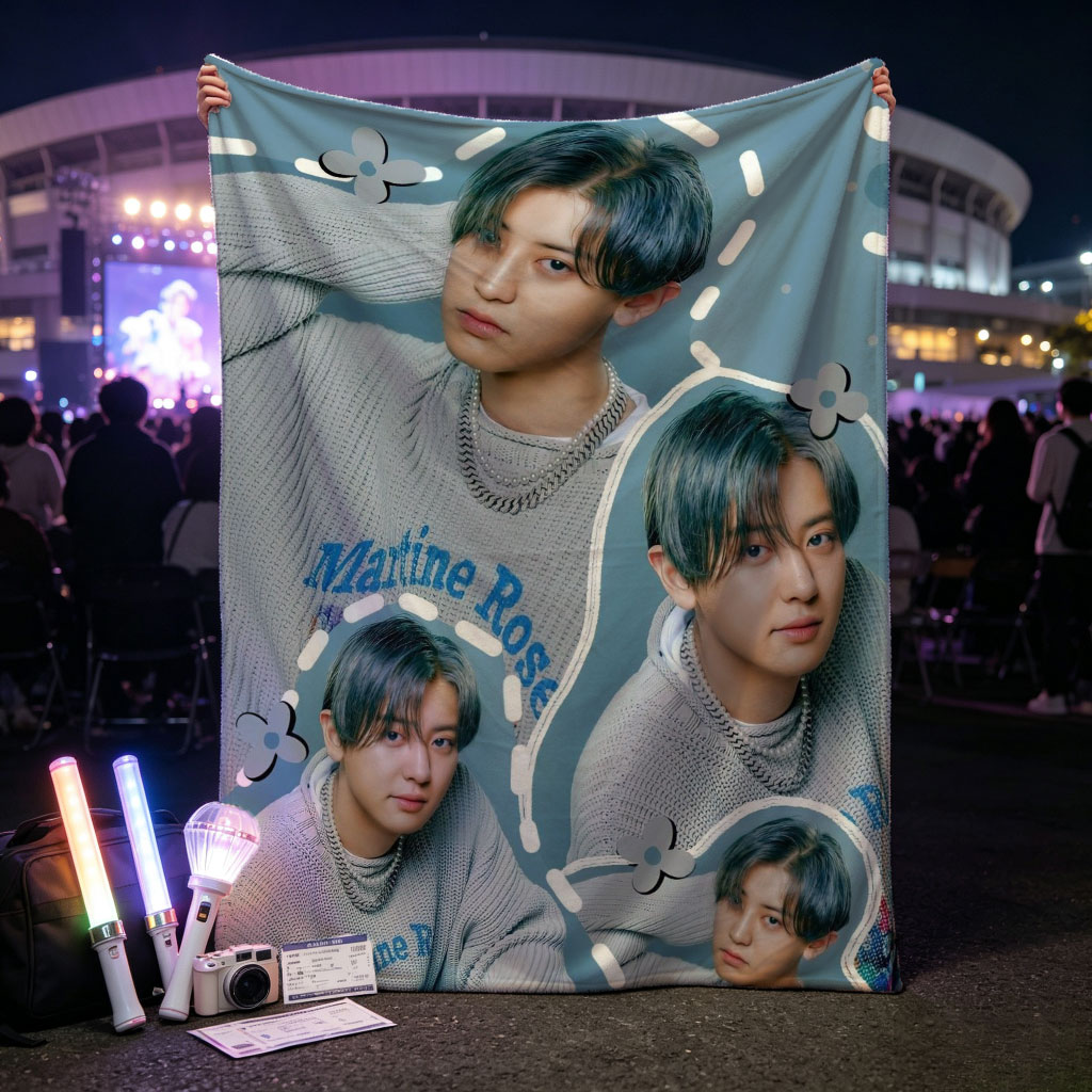 Kai - Multiple Poses in Gray Sweater with Marine Rose Design - Collage Style Photo - Blankets