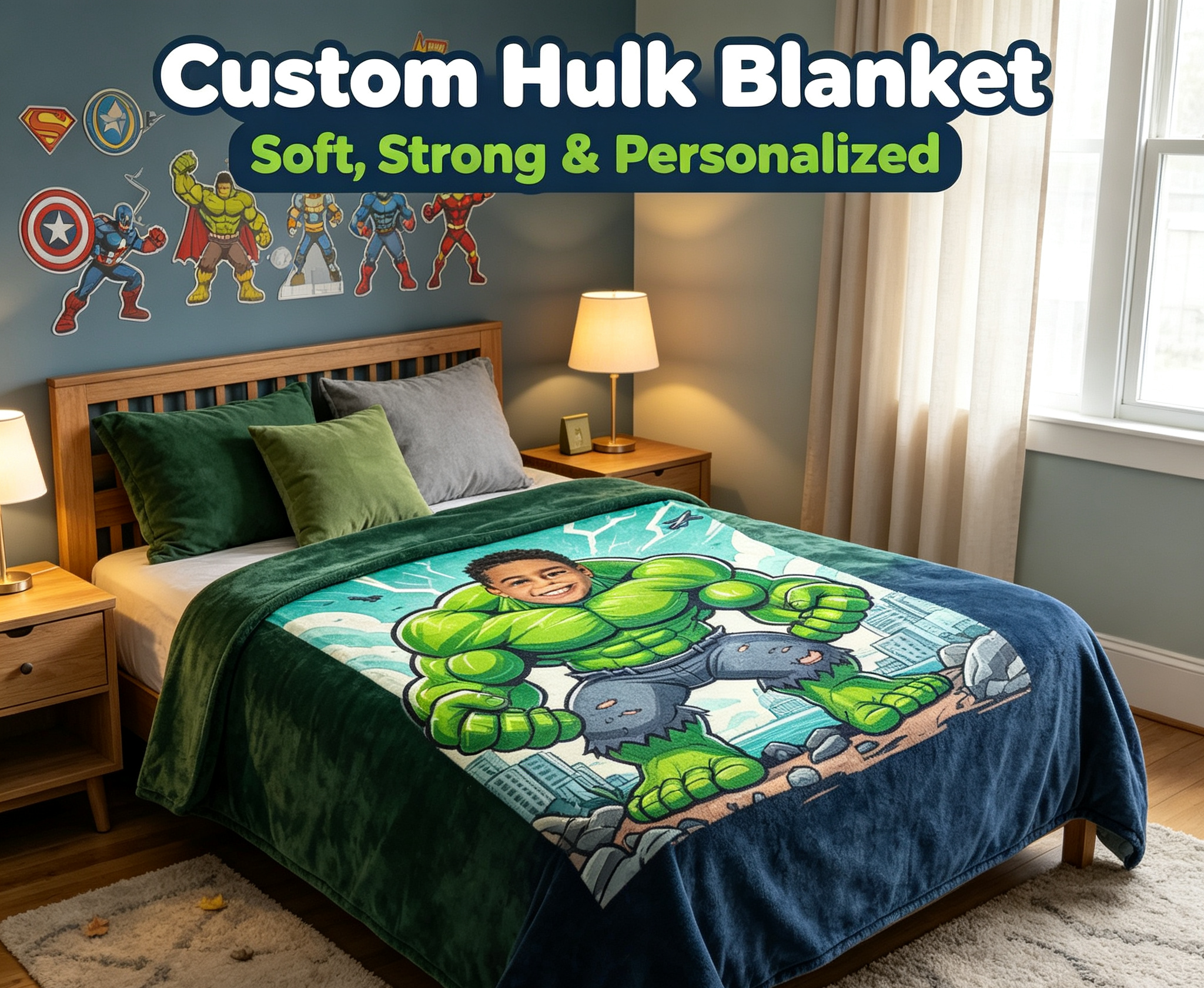 Custom Hulk Blanket, Personalized Superhero Blanket For Boys, Upload Your Kid Photo, Soft 280GSM Flannel Throw Blanket, Unique Birthday Gift For Children