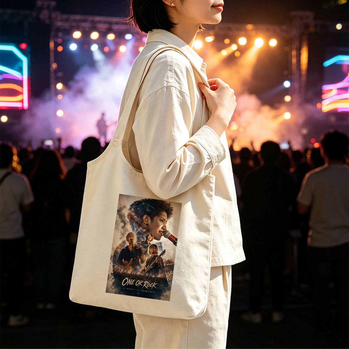 ONE OK ROCK Live Concert Performance with Band Members on Stage and Crowd in the Background - Canvas shoulder bags/