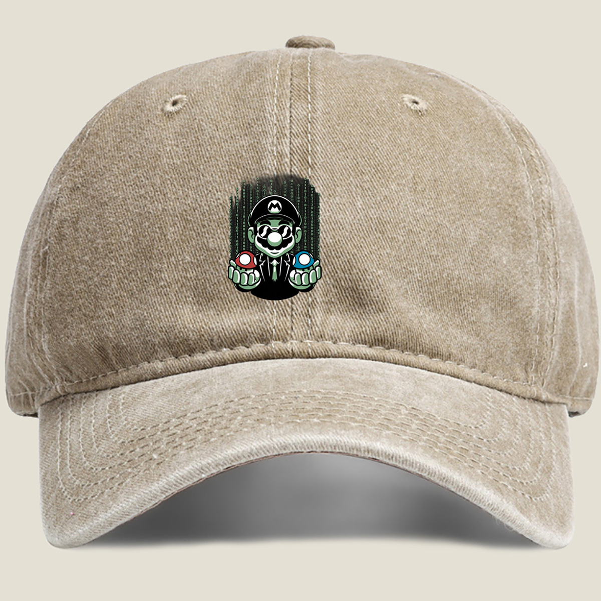 Mario in Matrix Code with Red and Blue Mushrooms - Washed Denim - Baseball Cap