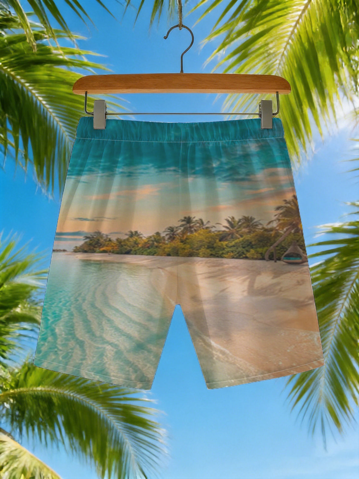 Tropical beach with crystal clear water and palm trees at sunset -  Beach shorts
