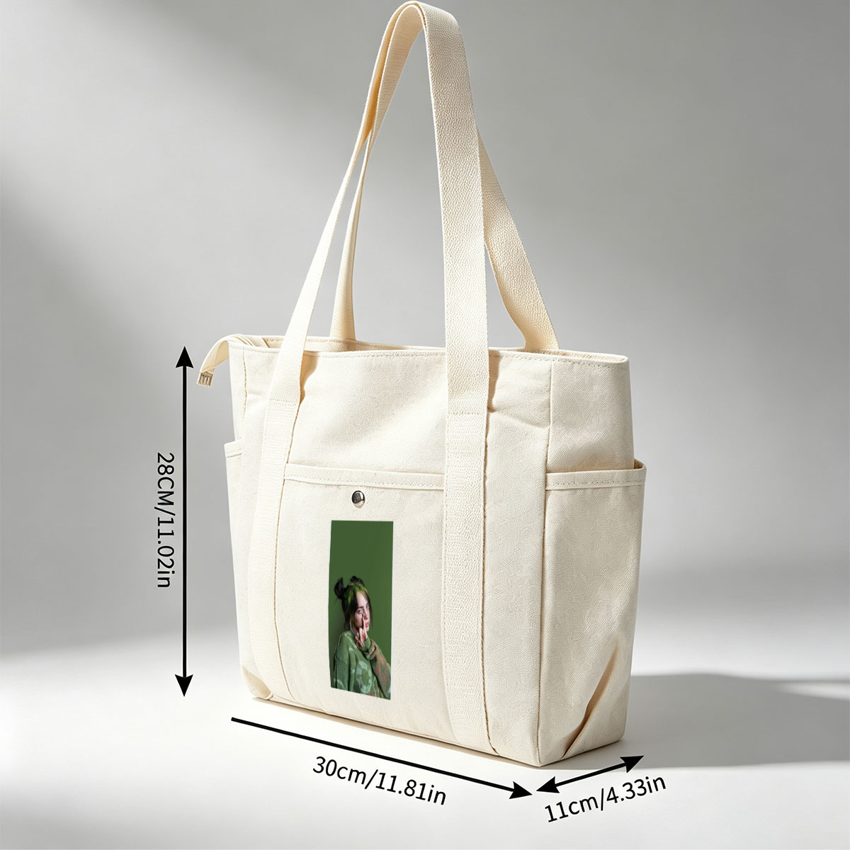 Billie Eilish in Studio Portrait Wearing Green Knit Sweater with Hair in Buns and Fingers on Face - Multi-pocket bags