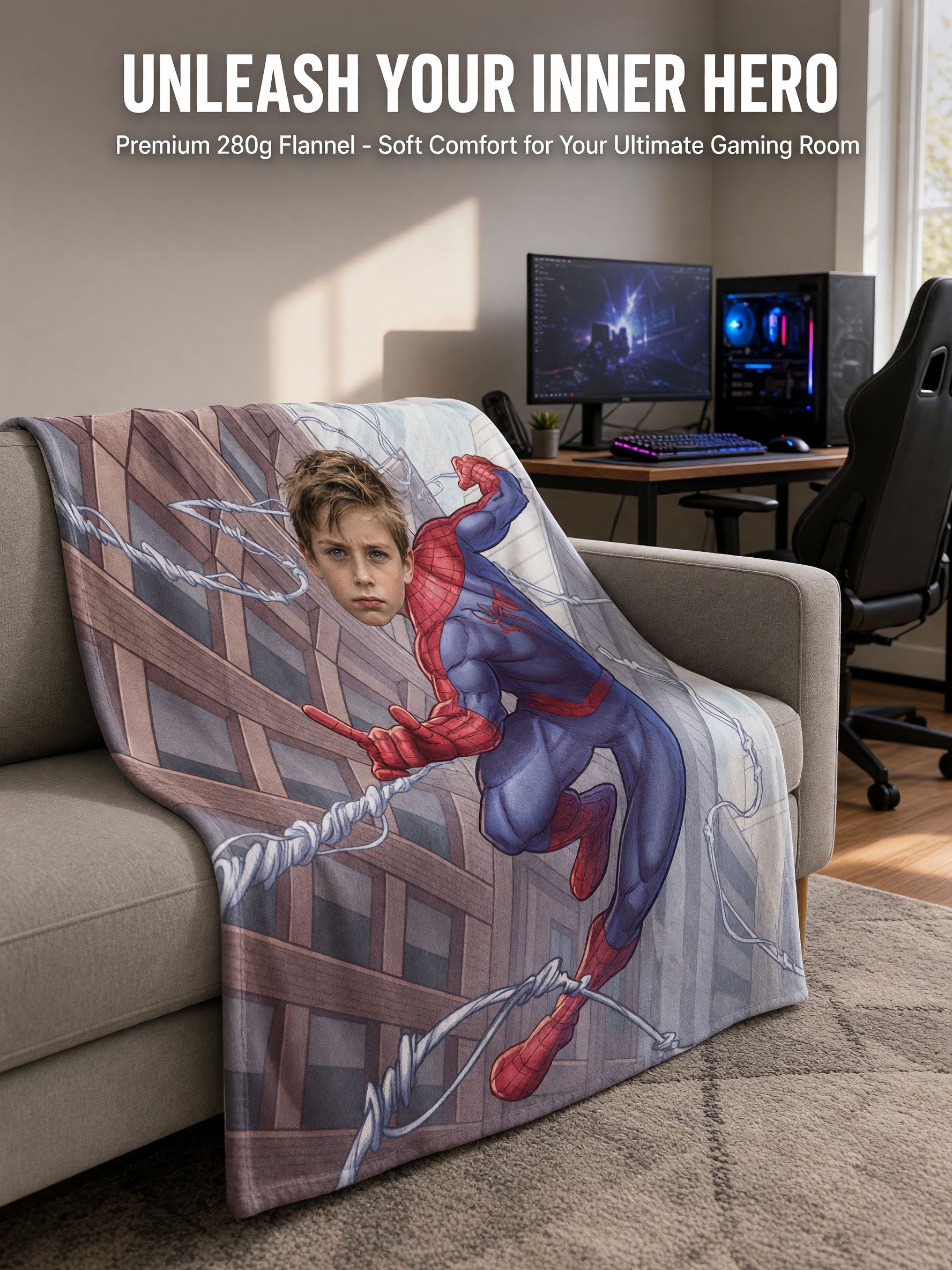Custom Face Photo Flannel Blanket Personalized Superhero Throw Skin-Friendly Soft Fleece Blanket Ideal Gift for Kids