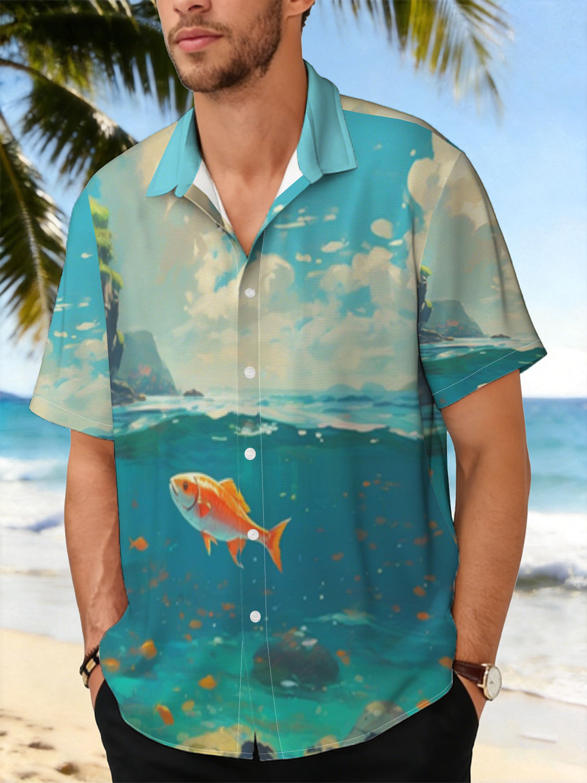 A vibrant orange fish swims gracefully in clear blue waters beneath a sunny sky. -  Shirt