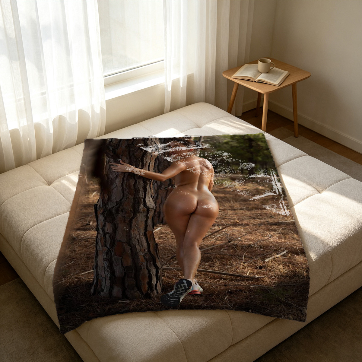 Nude Emma Watson lying on orange pillow smiling at camera - Blanket