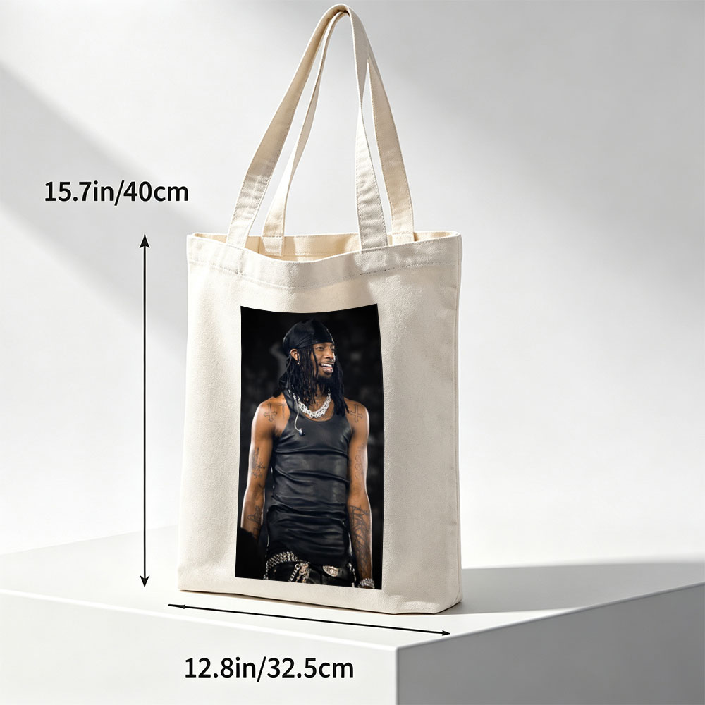 Lil Wayne on Stage Wearing Black Leather Tank Top and Headwrap with Visible Tattoos and Jewelry - Canvas tote bags