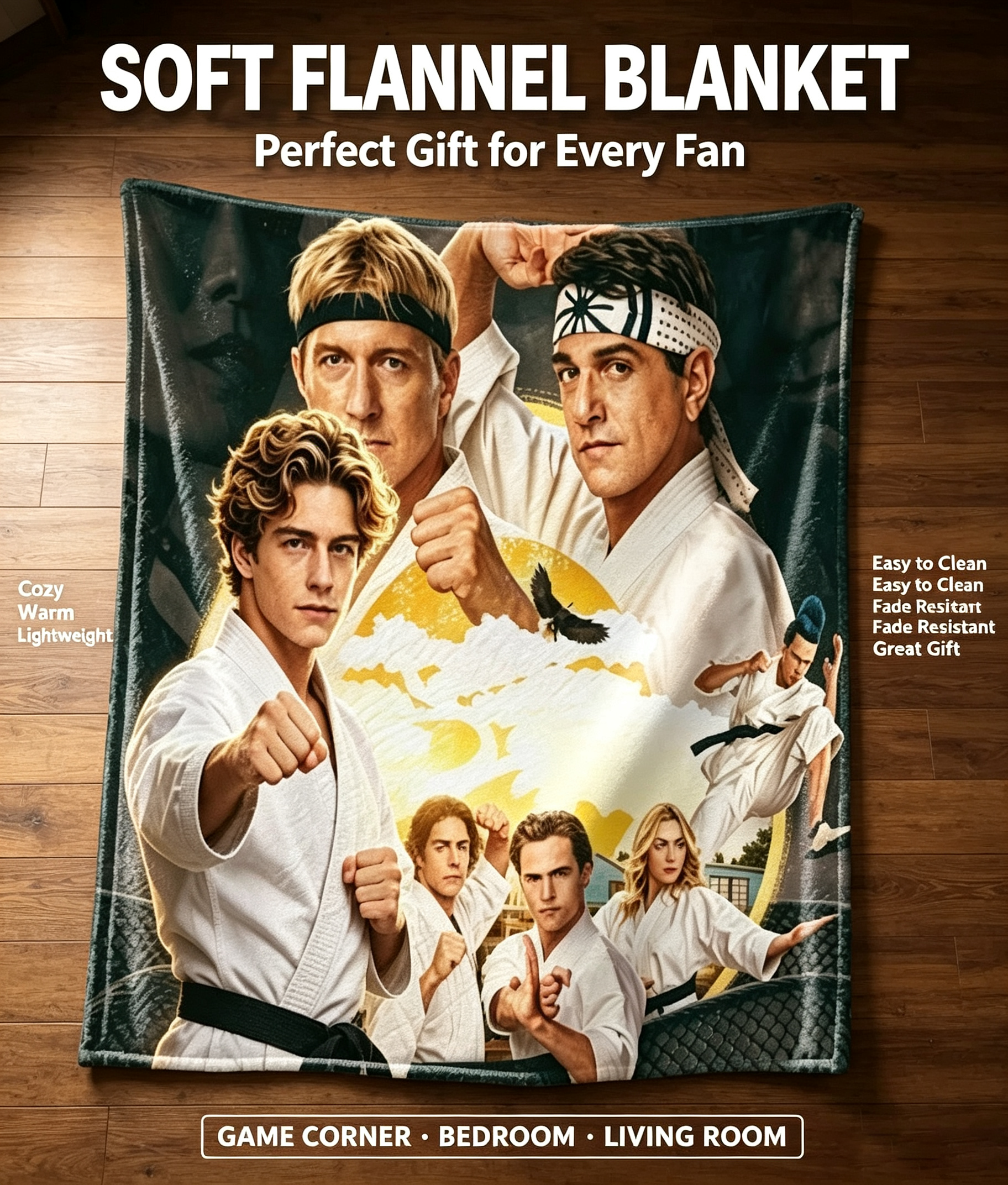Custom Face Blanket Cobra Kai Karate Dojo Flannel Blanket for Fans Movie Poster Gift or Giveaway