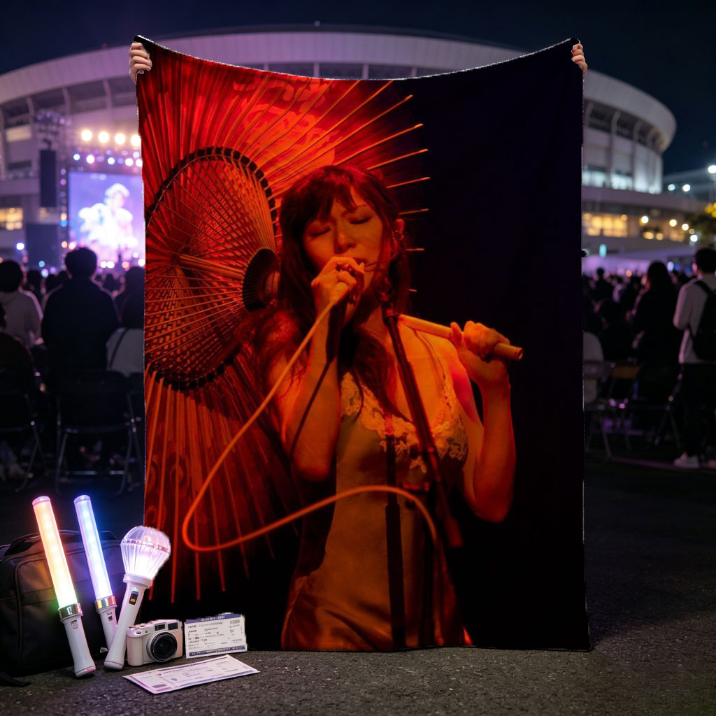 Misia Performing on Stage with a Traditional Umbrella and Microphone - Blankets