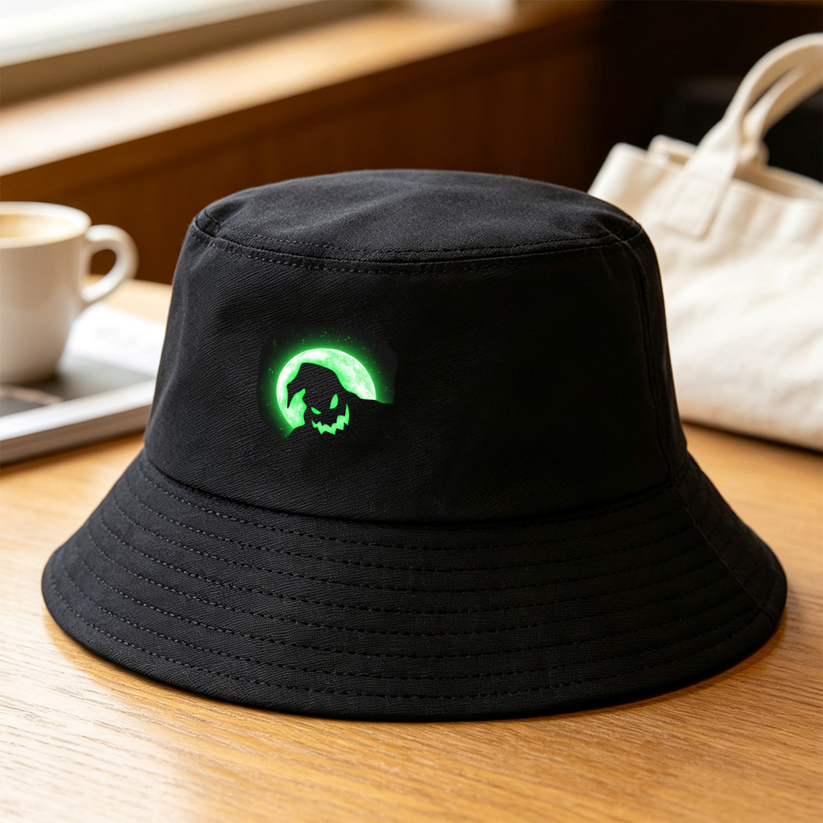Pumpkin Head Silhouette Against Green Moon - Fisherman's Hat