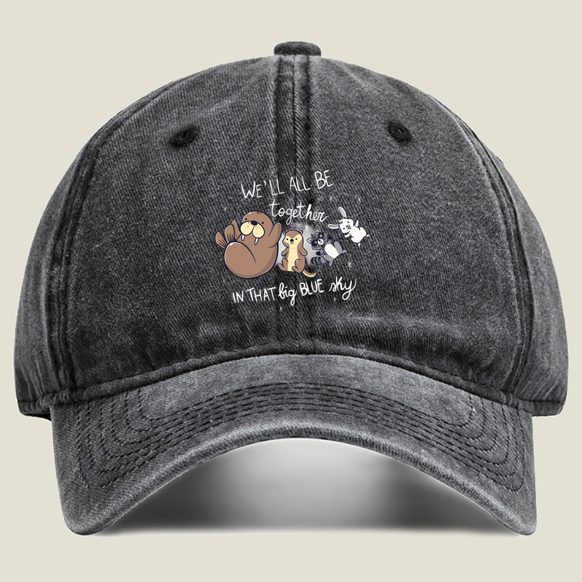 We'll All Be Together in That Big Blue Sky - Otter, Raccoon, Rabbit, and Squirrel - Washed Denim - Baseball Cap
