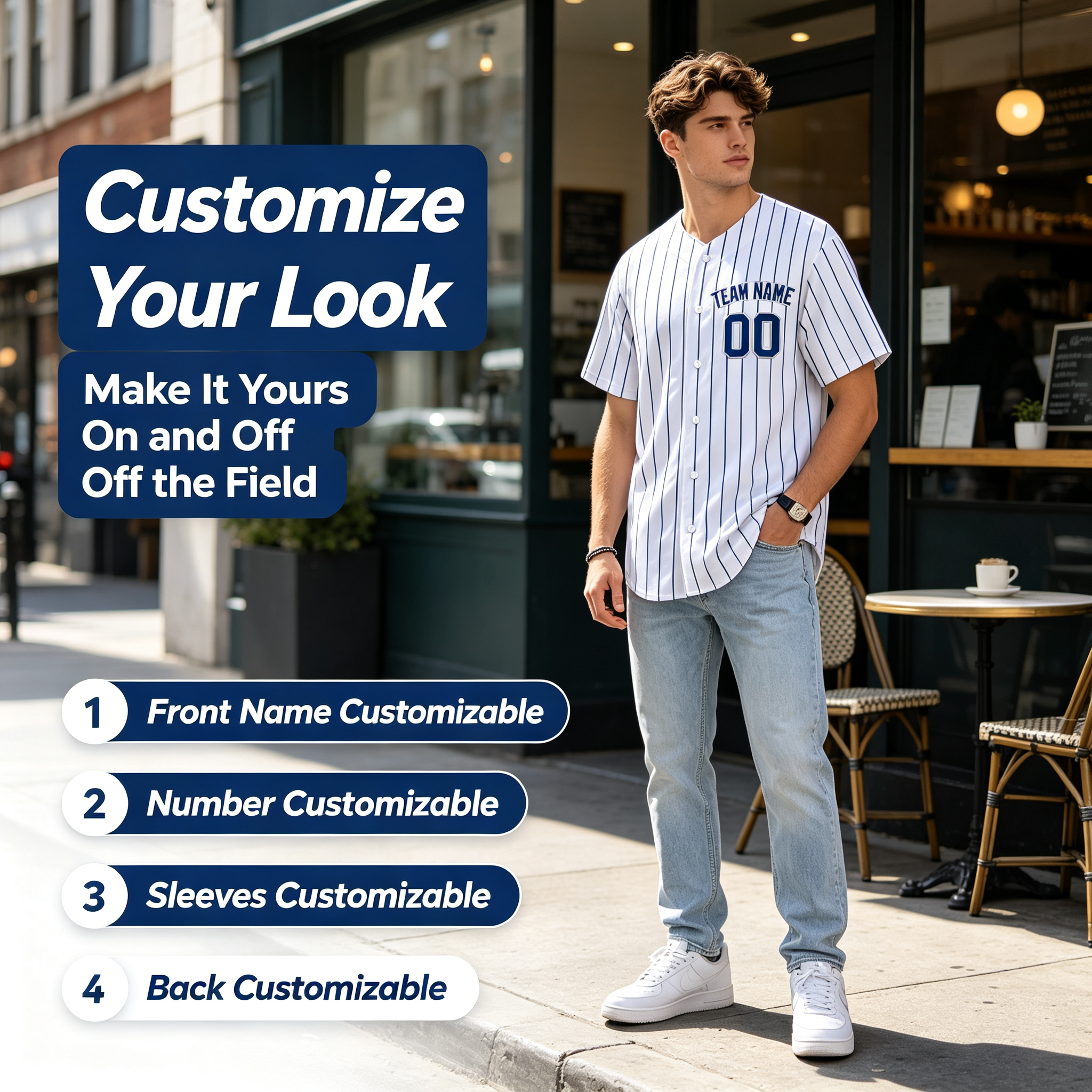 Custom Printed Chicago Vintage Style Baseball Jersey White Blue Pinstripe Button Down Shirt for Men and Women