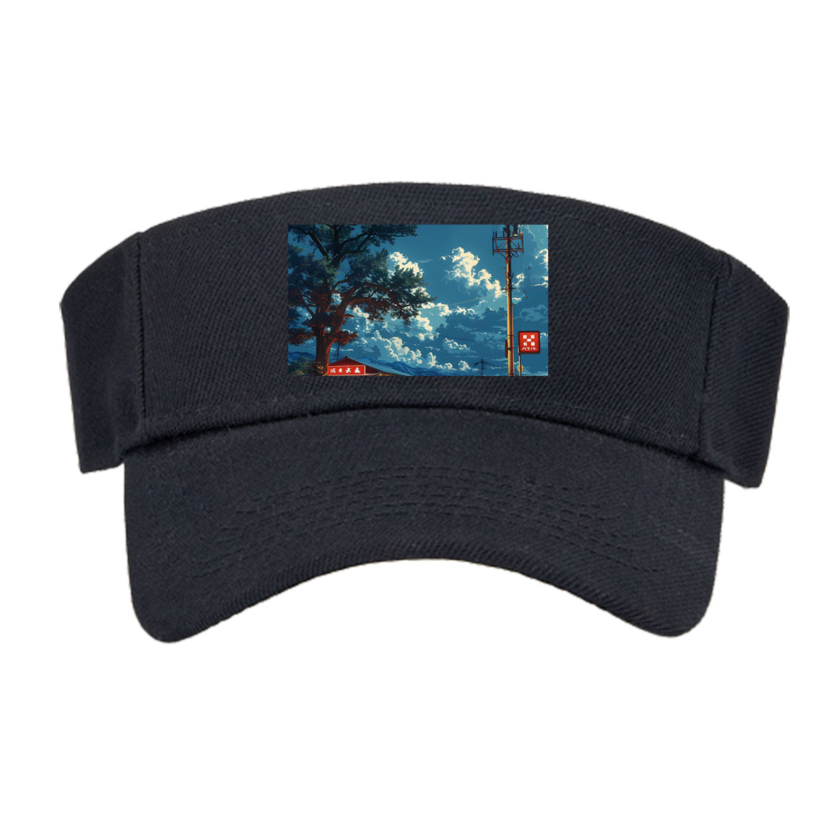 A cozy roadside shop under a vast sky, illuminated by warm lights and framed by a large tree and distant mountains. -  Visor cap