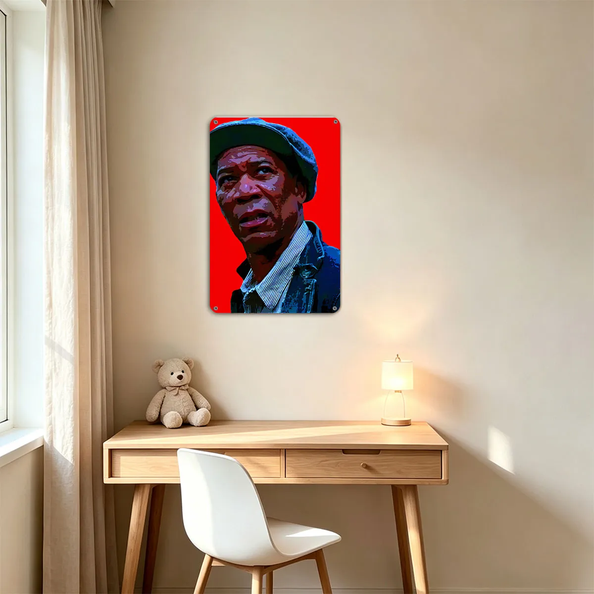 Morgan Freeman in a blue cap and jacket against a red background - painting