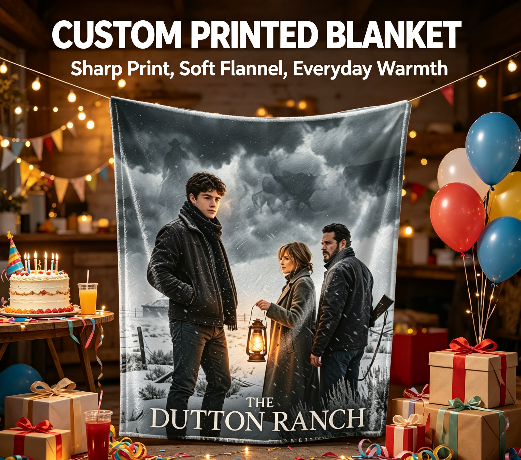 Custom Face Blanket The Dutton Ranch Flannel Blanket Western Drama Series Gift for Fans Cozy Winter Home Decor Present for TV Show Enthusiasts