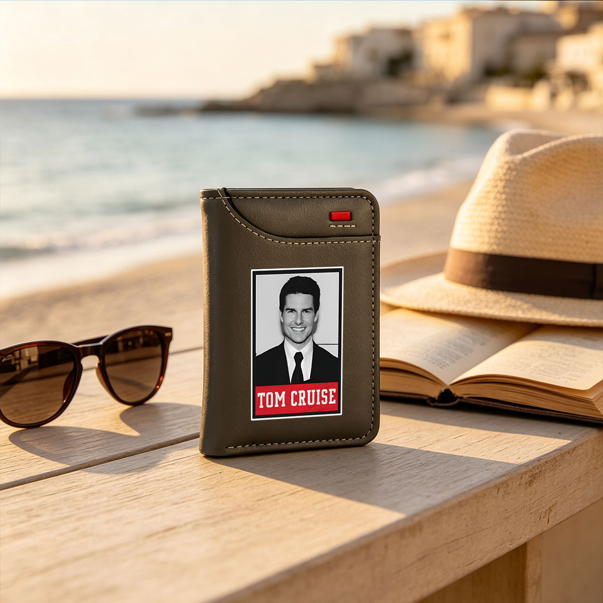 Tom Cruise in a formal suit and tie, smiling confidently. - Vertical Style Wallet