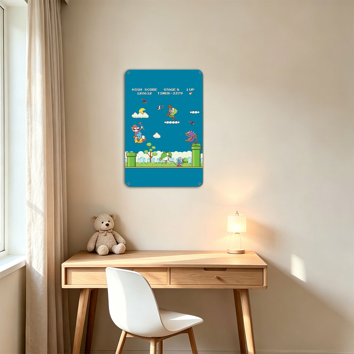 Mario, Yoshi, and Koopa in a vibrant platformer scene with high score and stage details - painting