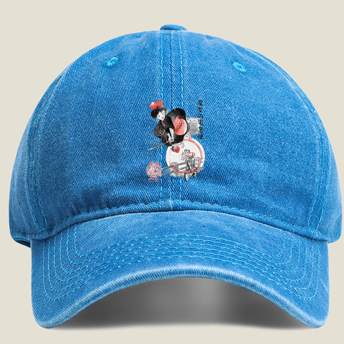 Kiki's Delivery Service: Kiki and Jiji on Broomstick with Delivery Man - Washed Denim - Baseball Cap