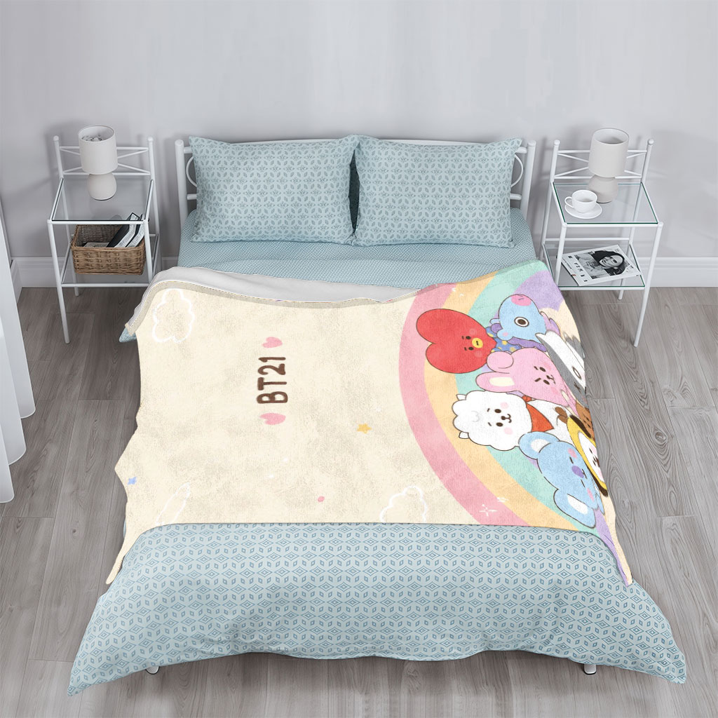 BT21 Characters Gathering Under a Rainbow in a Cute Pastel Scene - Blankets
