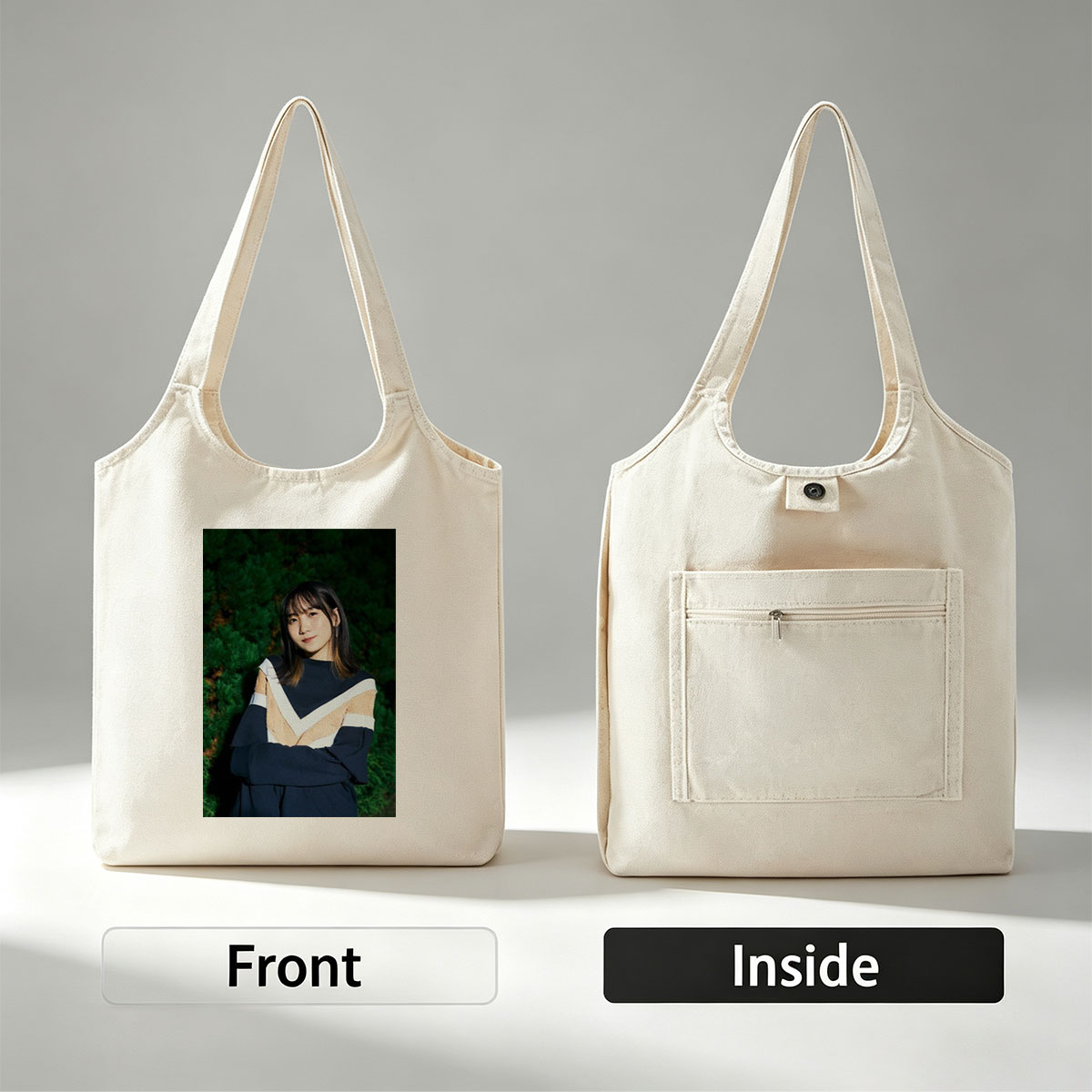 Yui Aragaki in a Stylish Outdoor Portrait with Arms Crossed Against Greenery Background - Canvas shoulder bags/