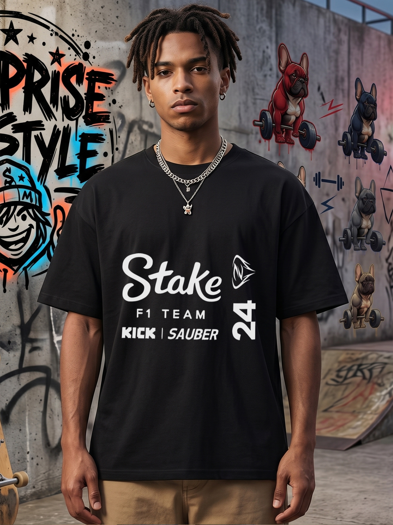 Men's Stake F1 Team Kick Sauber 24 Print T-Shirt Casual Round Neck Summer Lightweight Breathable Short Sleeve Tee for Racing Fans and Motorsport Enthusiasts