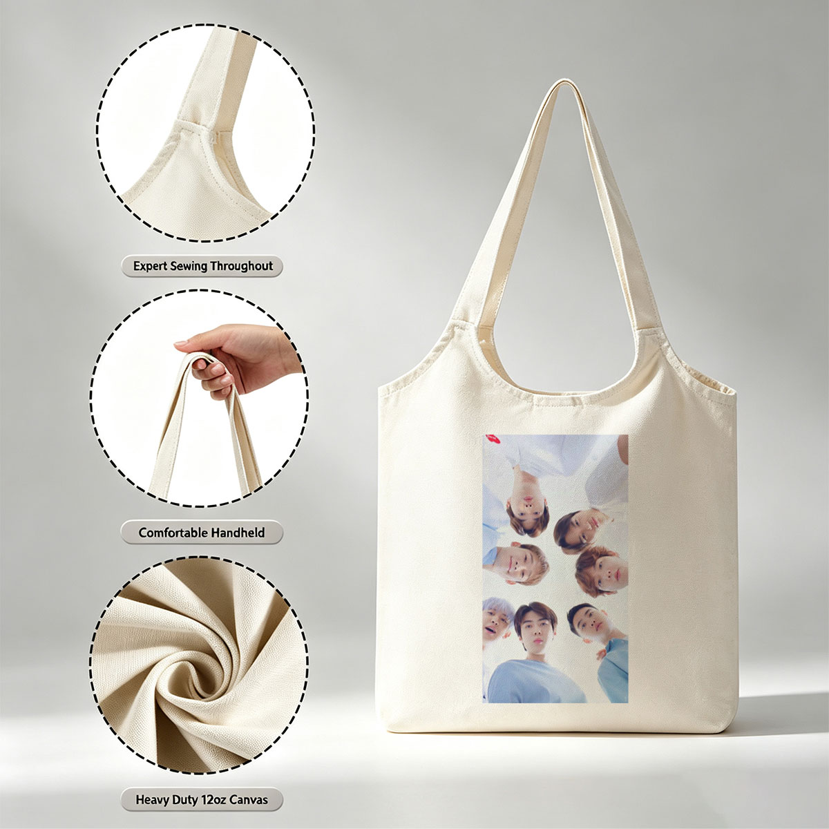 NCT Dream Members in a Circular Formation Wearing Light Blue Outfits Against a Bright Sky Background - Canvas shoulder bags/