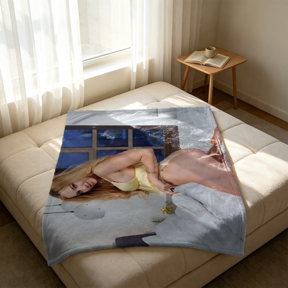 Nude woman lying on poolside edge at swimming pool - Blanket