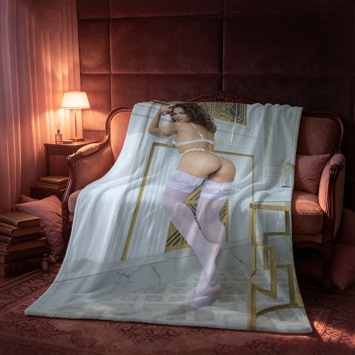 A young Asian woman in white lace lingerie and sheer stockings posing seductively on a bed. - Blanket