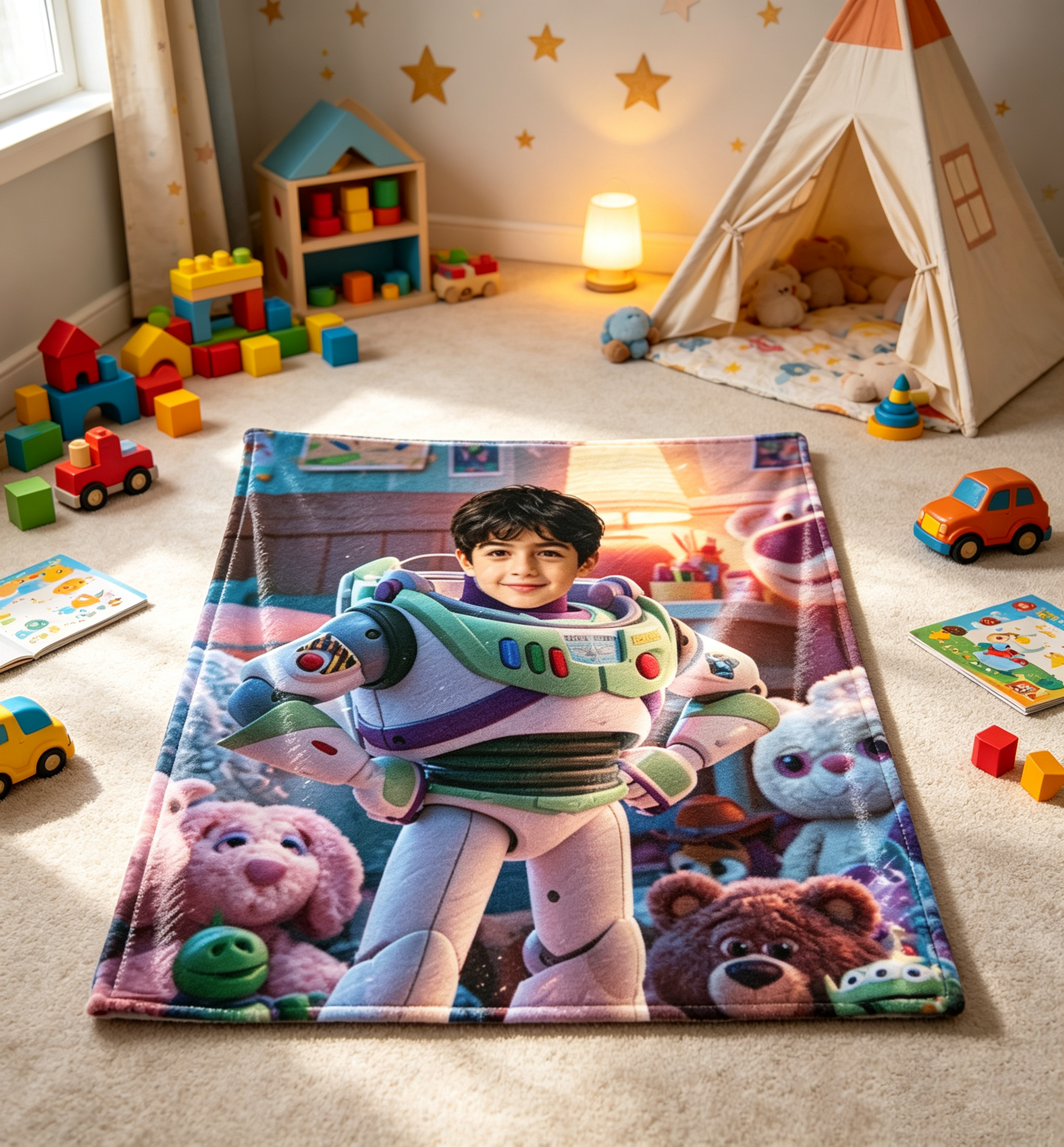 Custom Face Space Ranger Blanket for Boys, Personalized Soft Flannel Throw Blanket with Child Photo, Cartoon Hero Theme Birthday Christmas Gift for Kids