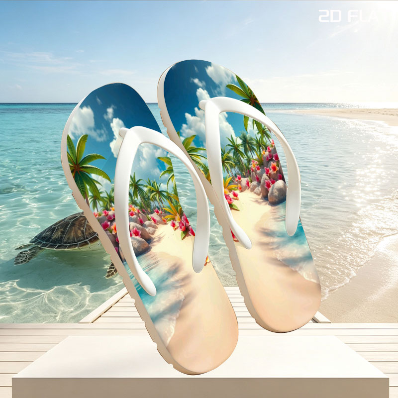 Tropical Beach with Palm Trees and Pink Flowers -  flip-flops