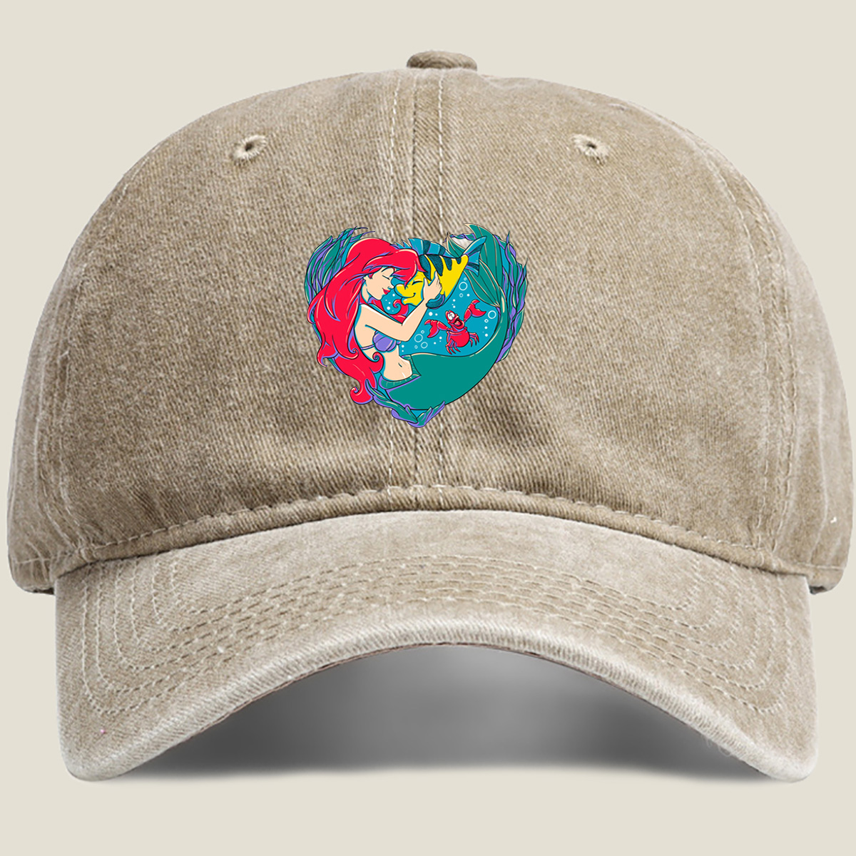The Little Mermaid: Ariel and Flounder in a Heart Frame - Washed Denim - Baseball Cap