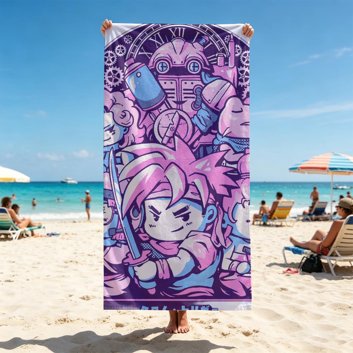 Chibi Characters in Pink and Blue with Clockwork Background - Beach towels