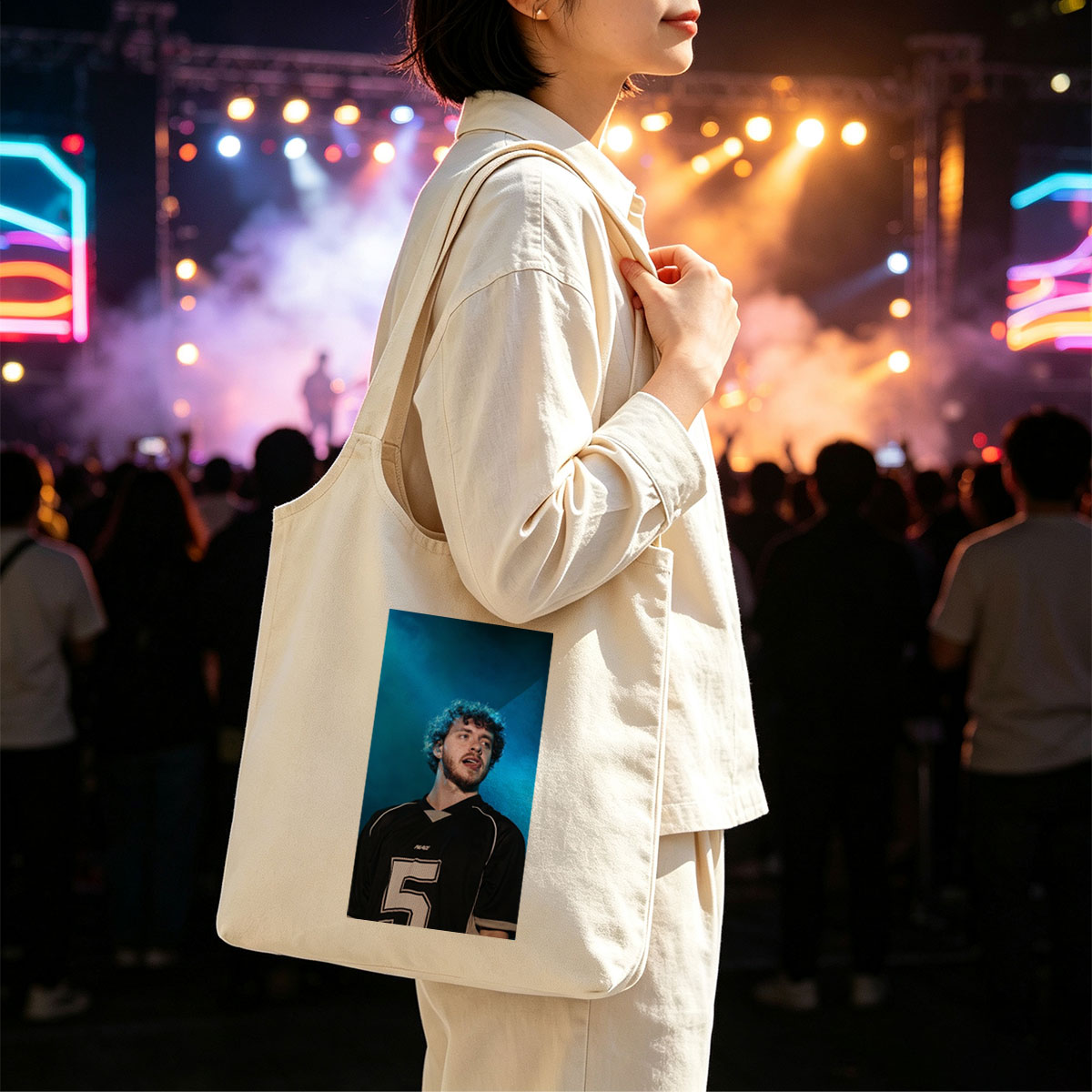 Lauv Performing on Stage in a Black Jersey with Number 5 - Canvas shoulder bags/