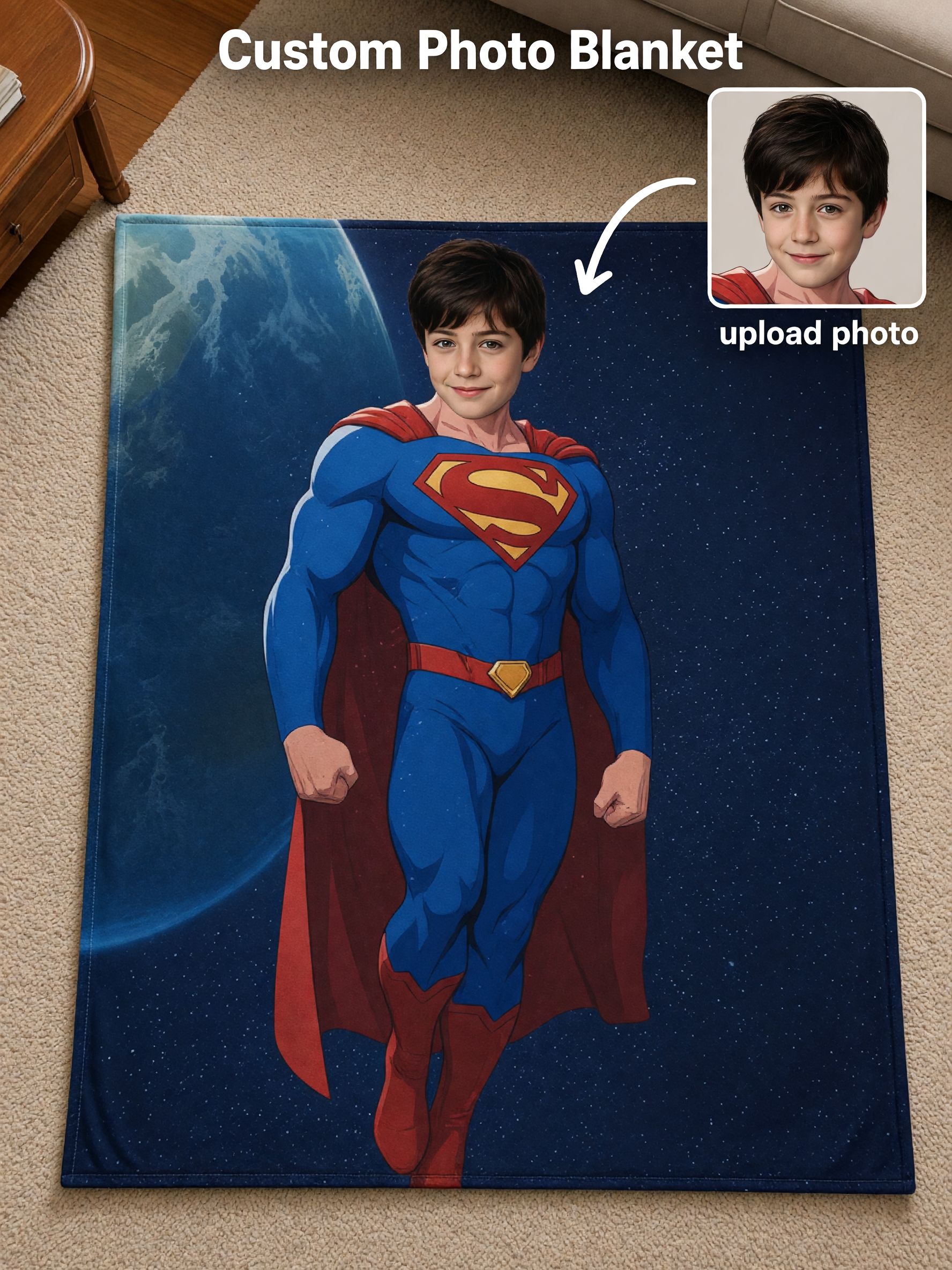 Custom Superhero Face Photo Blanket Ultra Soft Anti Pilling Flannel Fleece Personalized Hero Throw Gift