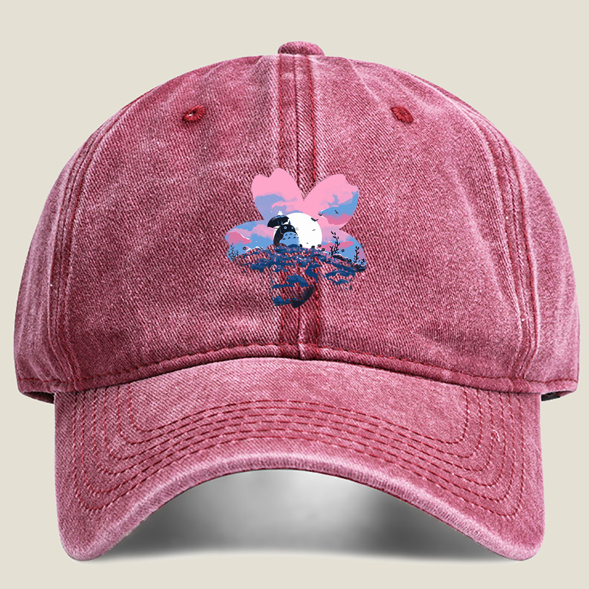 Totoro Under Cherry Blossom Moon - Washed Denim - Baseball Cap