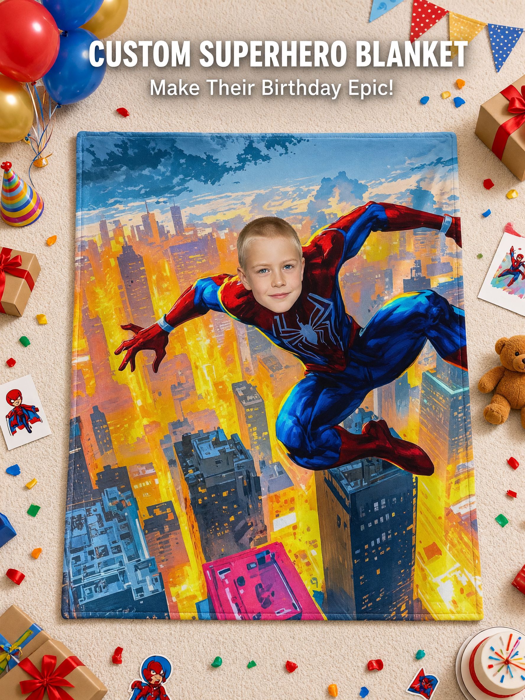 Personalized Face Superhero Fleece Blanket Custom Photo Upload Plush Flannel Throw for Kids Cozy Birthday Keepsake Gift