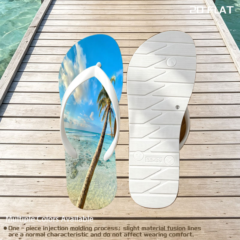 Tropical beach with palm tree leaning over clear blue water under a bright sky. -  flip-flops