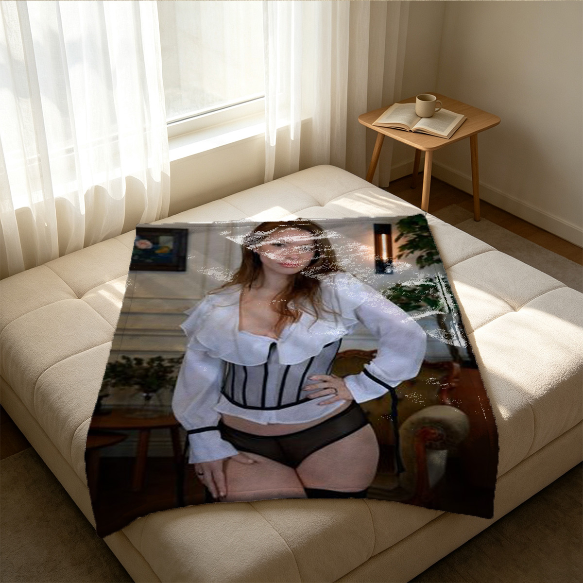 A young Asian woman with short black bob hair, topless in black sheer thong and stockings, posing seductively on a white bed. - Blanket