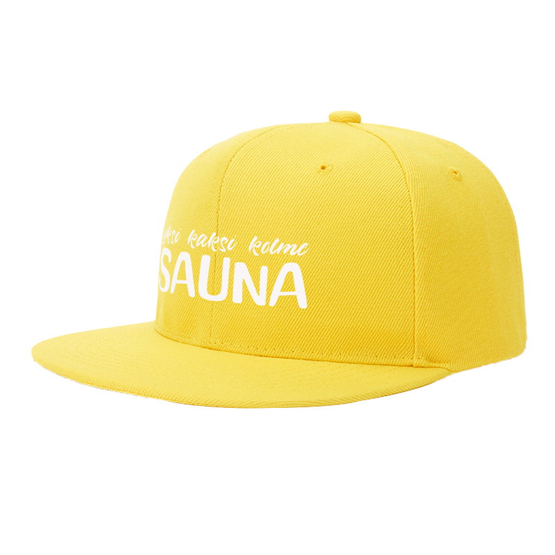 Flat Brim Baseball Cap Yksi Kaksi Kolme SAUNA Print Streetwear Underground Skate Style for Basketball Courts Urban Streets Skate Parks Designed for Skaters Rappers Streetwear Enthusiasts