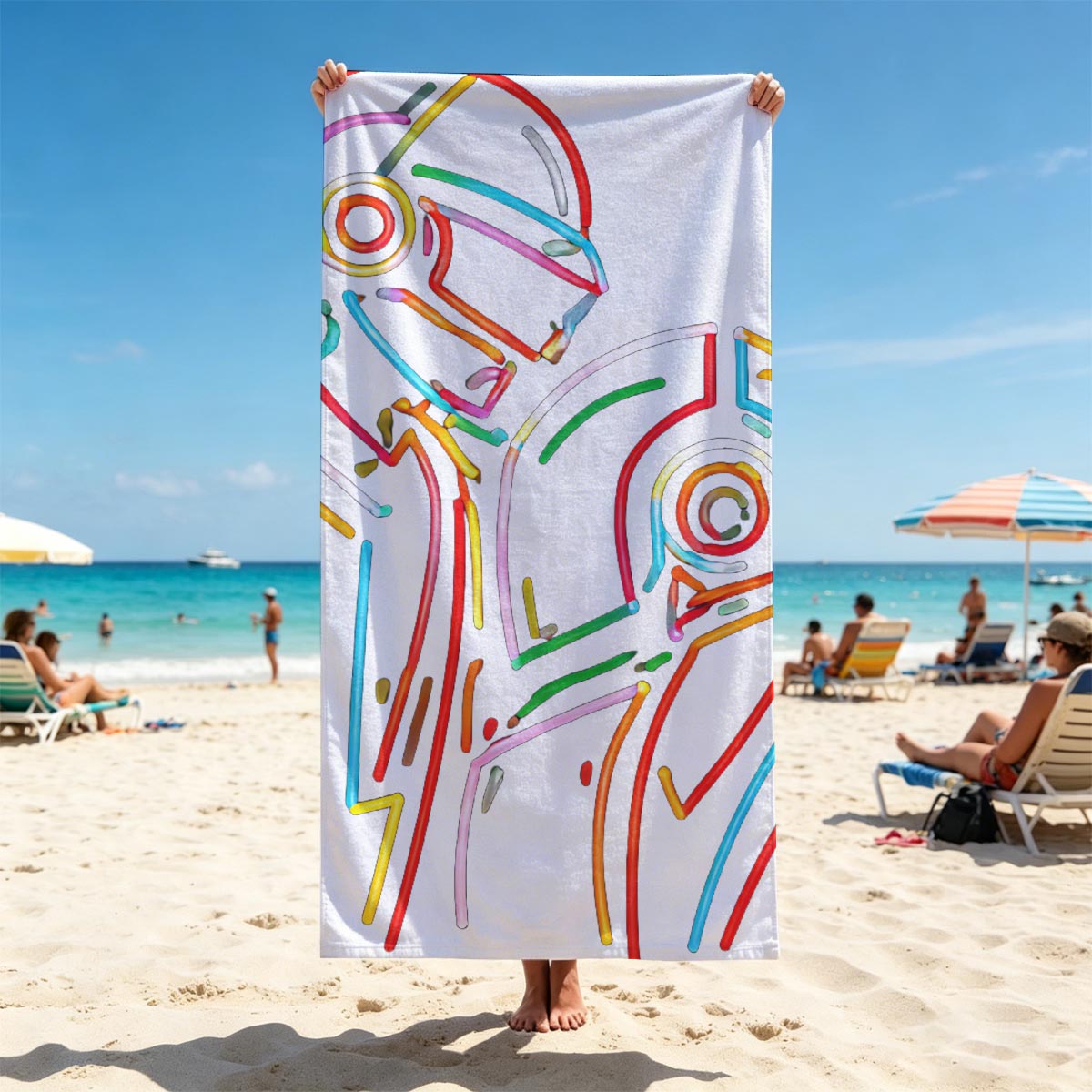 Daft Punk Neon Art Portrait - Beach towels