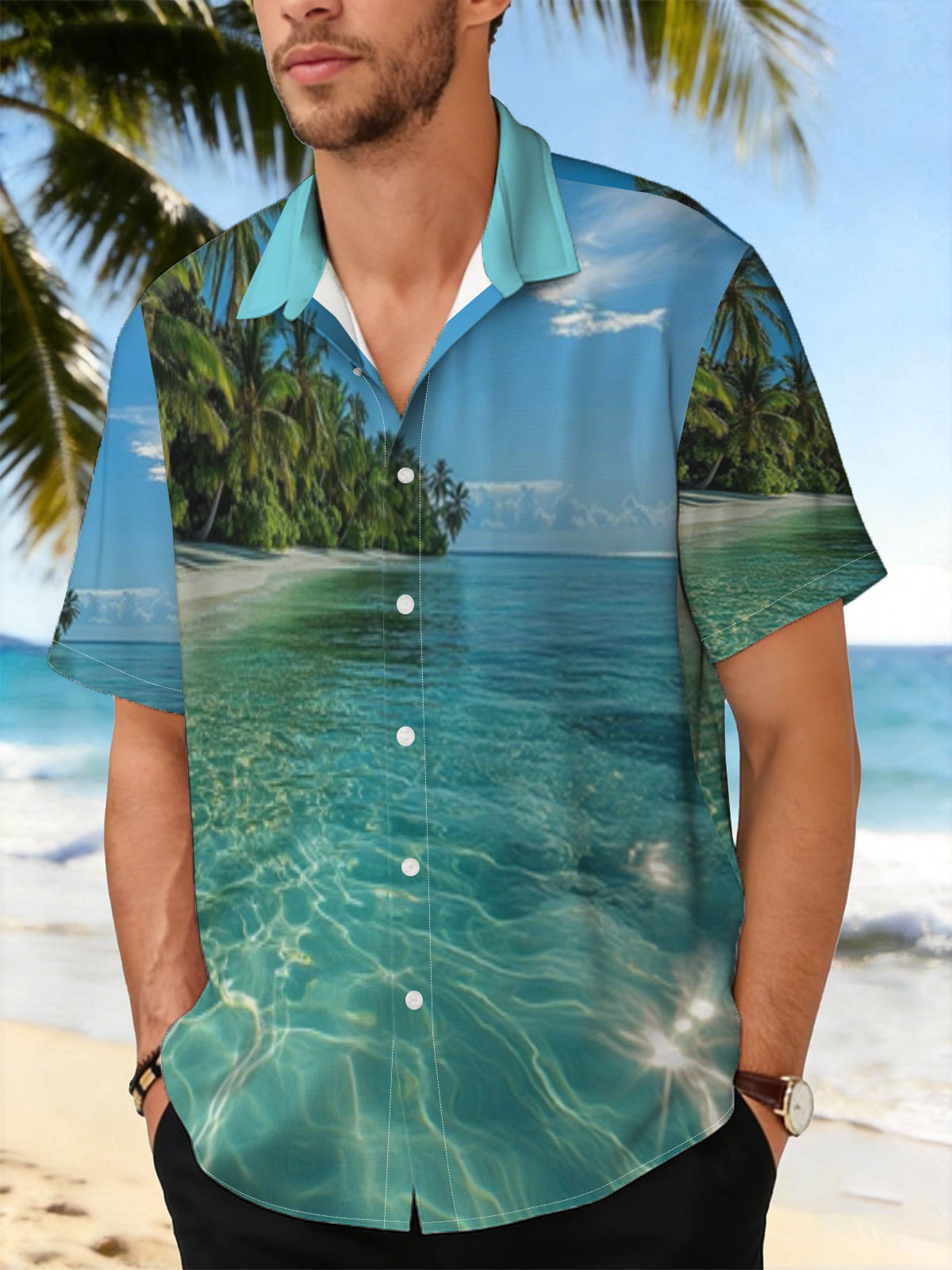Crystal-clear turquoise waters meet a pristine white sand beach lined with lush palm trees under a bright blue sky. -  Shirt
