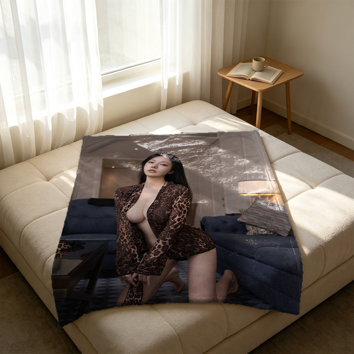 A nude woman with long brown hair covering her breasts, sitting indoors by a fireplace. - Blanket